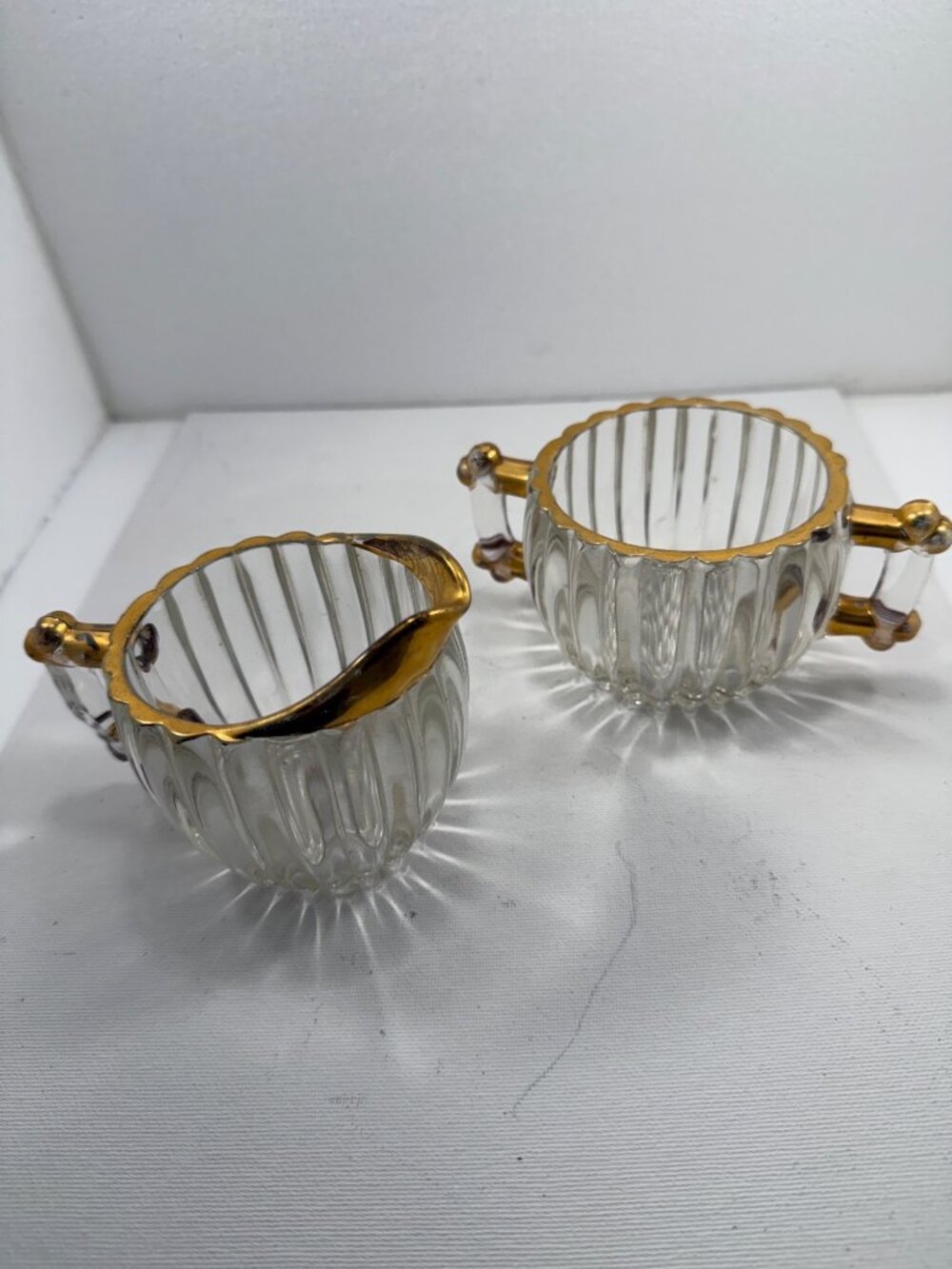 Vintage Bartlett-Collins Manhattan Creamer & Sugar Bowl Set Gold Trim Clear Glas